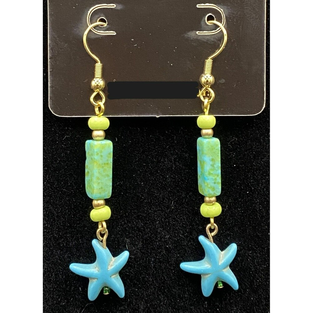 Handmade Blue Starfish & Aqua Green Stone Bead Gold Tone Earrings by Neanie-Bot